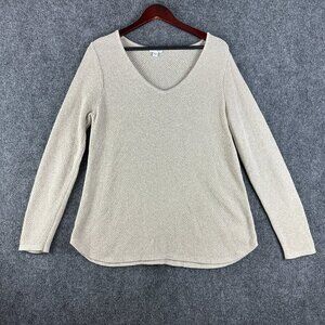 J JIll Sweater Womens Medium Beige Cotton Blend V Neck Pullover Textured Knit